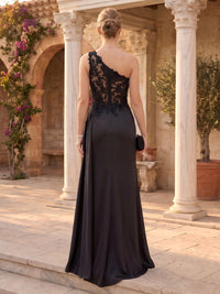 Lace One Shoulder Mermaid Floor Length Evening Dresses with Train