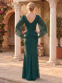 Tulle Long V Neck Mermaid Floor Length Evening Dresses with Cape Sleeves
