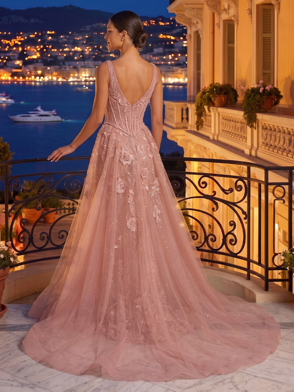 Lace Appliques Long V Neck Mermaid Evening Dresses with Train