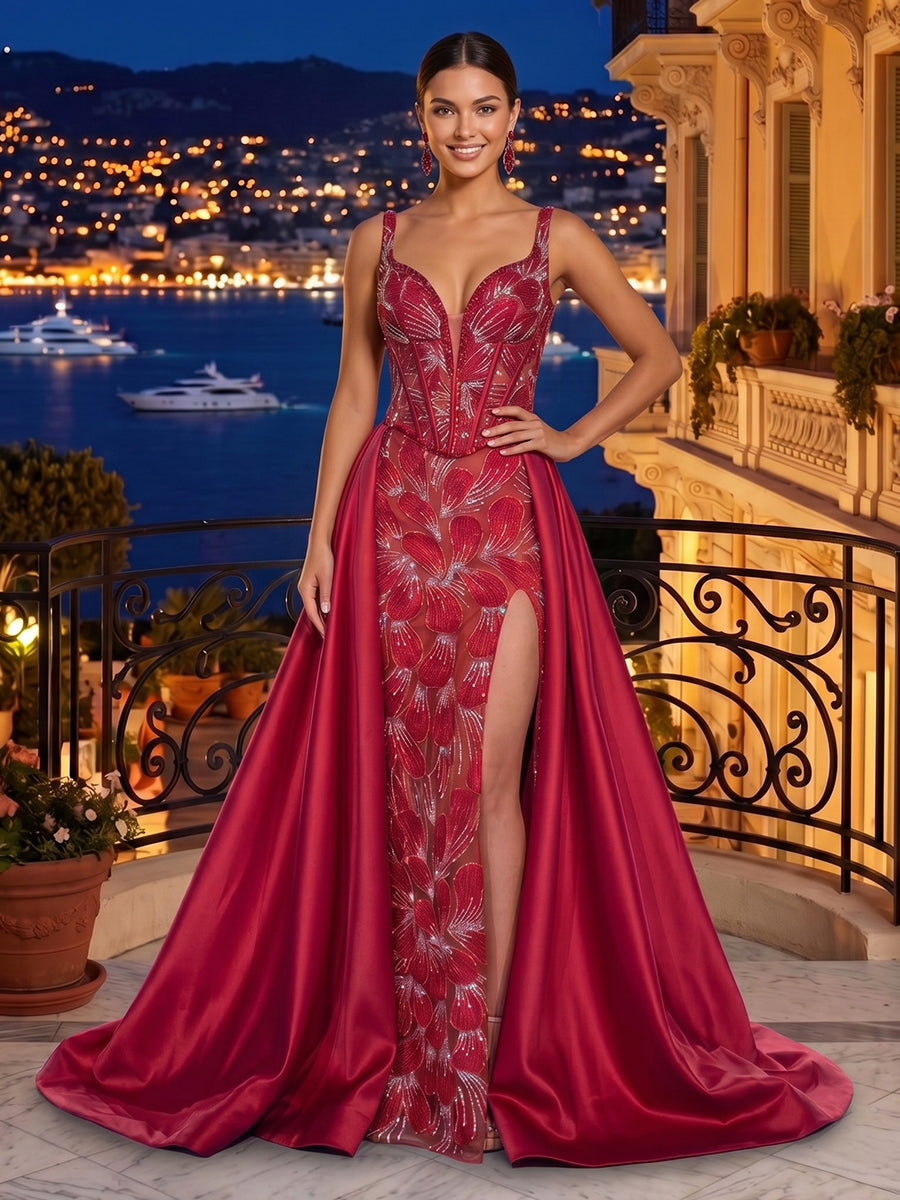 Sequin Long V Neck Mermaid Corset Evening Dresses with Train