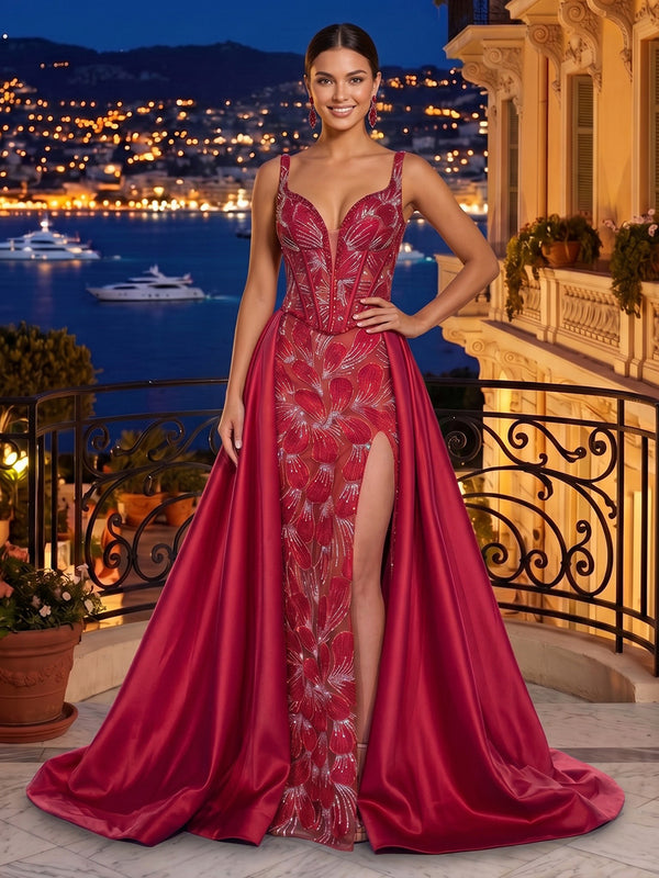 Sequin Long V Neck Mermaid Corset Evening Dresses with Train