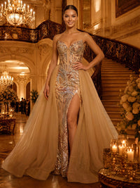 Sequin Strapless Long Mermaid Corset Evening Dresses with Train
