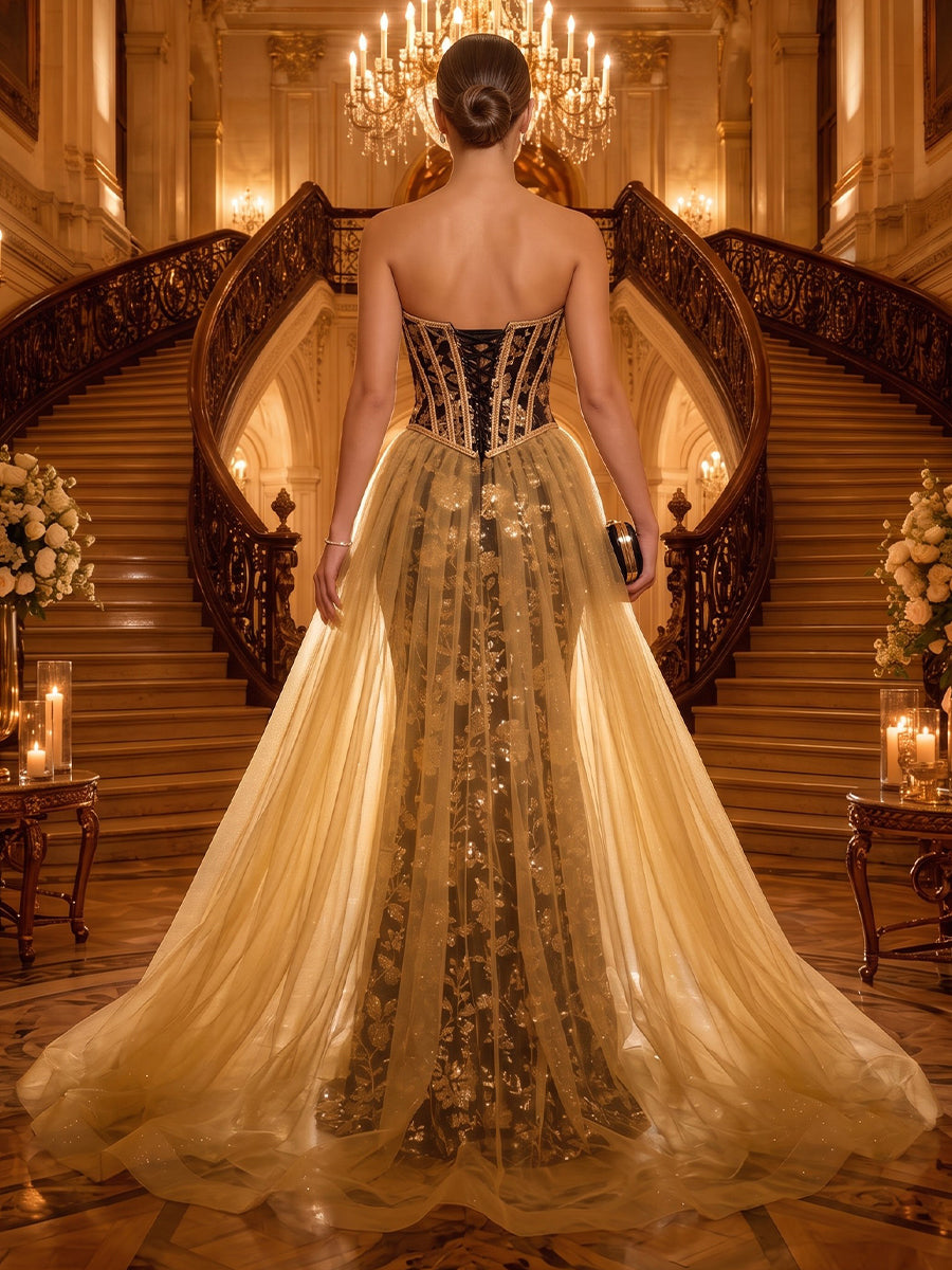 Strapless Sequin Long Mermaid Corset Evening Dresses with Train
