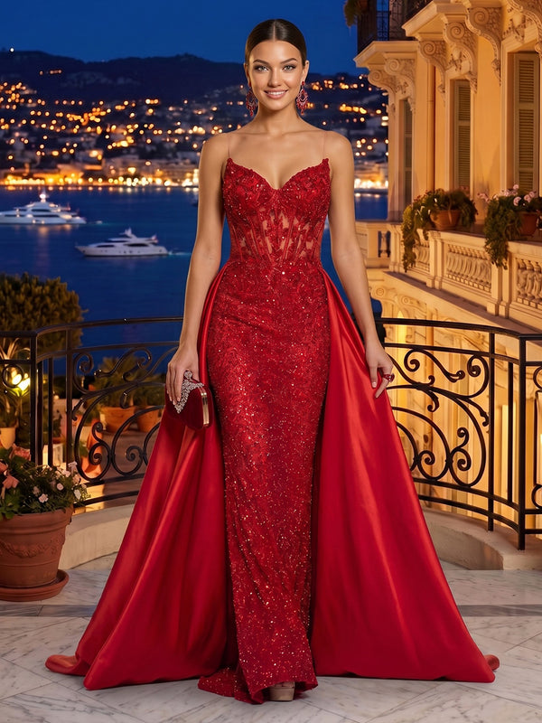 V Neck Sheath/Mermaid Sequin Lace Appliques Floor Length Evening Dresses with Train