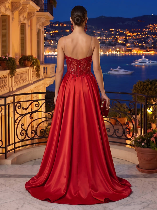 V Neck Sheath/Mermaid Sequin Lace Appliques Floor Length Evening Dresses with Train