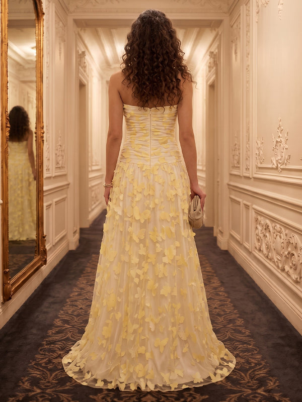 Strapless A Line 3D Flower Evening Dresses