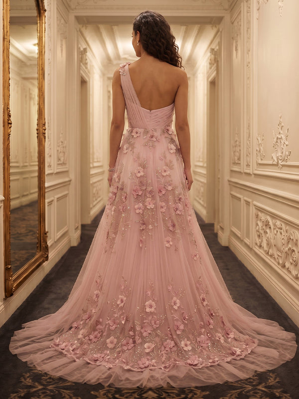 One Shoulder A Line 3D Flowers Lace Appliques Evening Dresses
