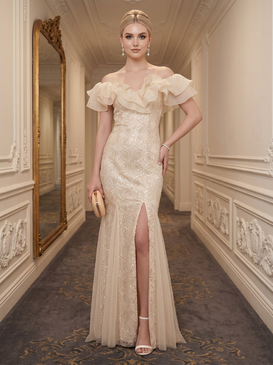 Off the Shoulder Chiffon Mermaid Sequin Evening Dresses with Slit