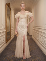 Off the Shoulder Chiffon Mermaid Sequin Evening Dresses with Slit