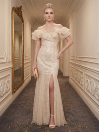 Off the Shoulder Chiffon Mermaid Sequin Evening Dresses with Slit