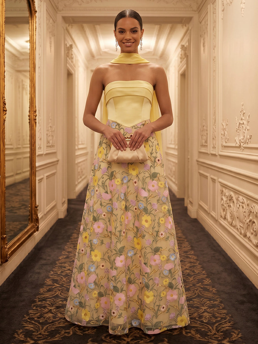 Strapless A Line Jacquard Long Evening Dresses with Scarf