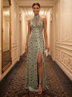 Halter Sheath/Mermaid Floor Length Jacquard Evening Dresses with Slit