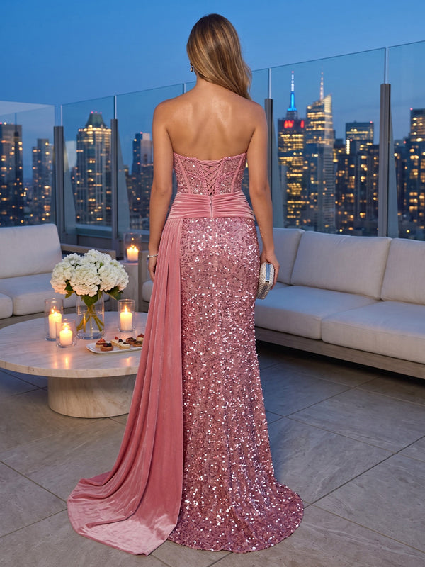 Sequin Mermaid Strapless Sleeveless Long Evening Dresses with Slit