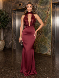 High Neck Sequin Mermaid Sleeveless Floor Length Evening Dresses