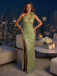 One Shoulder Sequin Mermaid Sleeveless Floor Length Evening Dresses with Slit