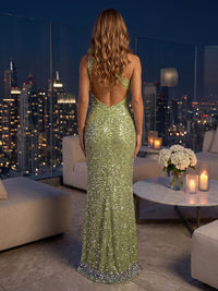 One Shoulder Sequin Mermaid Sleeveless Floor Length Evening Dresses with Slit