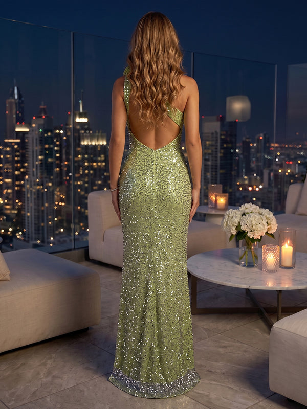 One Shoulder Sequin Mermaid Sleeveless Floor Length Evening Dresses with Slit