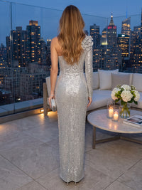 One Shoulder Sequin Mermaid Long Sleeves Floor Length Evening Dresses