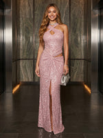 Halter Sequin Mermaid Sleeveless Floor Length Evening Dresses