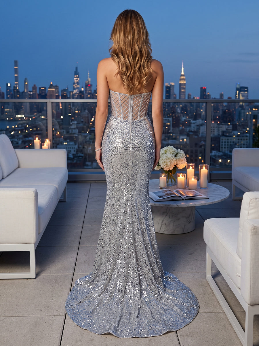 Sequin Mermaid Strapless Sleeveless Long Evening Dresses