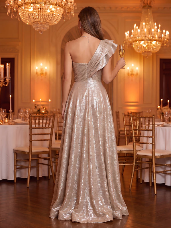 One Shoulder Satin A Line Sleeveless Floor Length  Metallic Long Evening Dresses with Slit