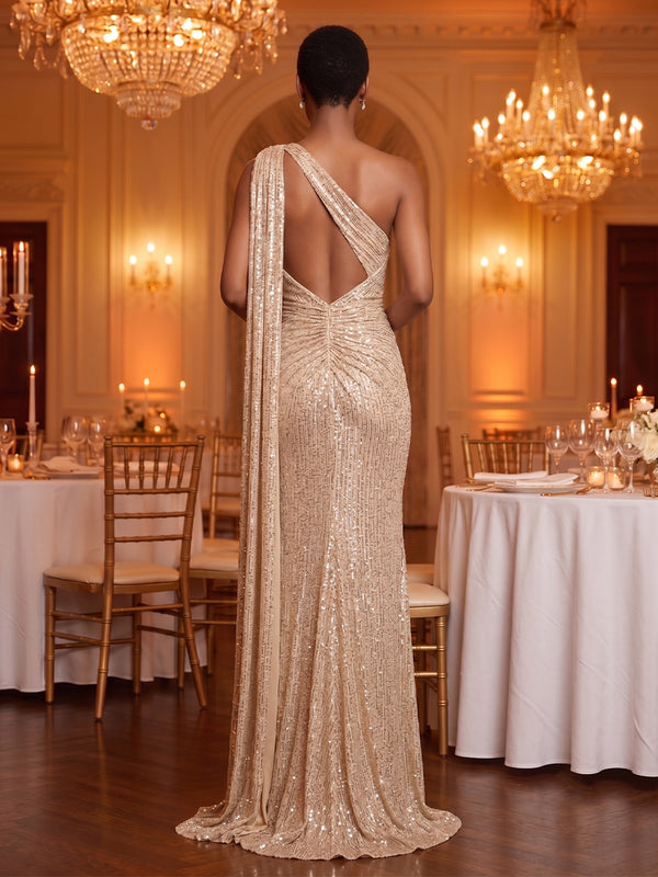 One Shoulder Mermaid Sequin Sleeveless Long Evening Dresses with Slit
