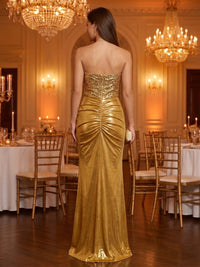 Strapless Sequin Mermaid Sleeveless Long Evening Dresses with Slit