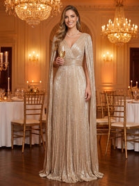 V Neck A Line Sequin Sleeveless Long Evening Dresses with Pleated