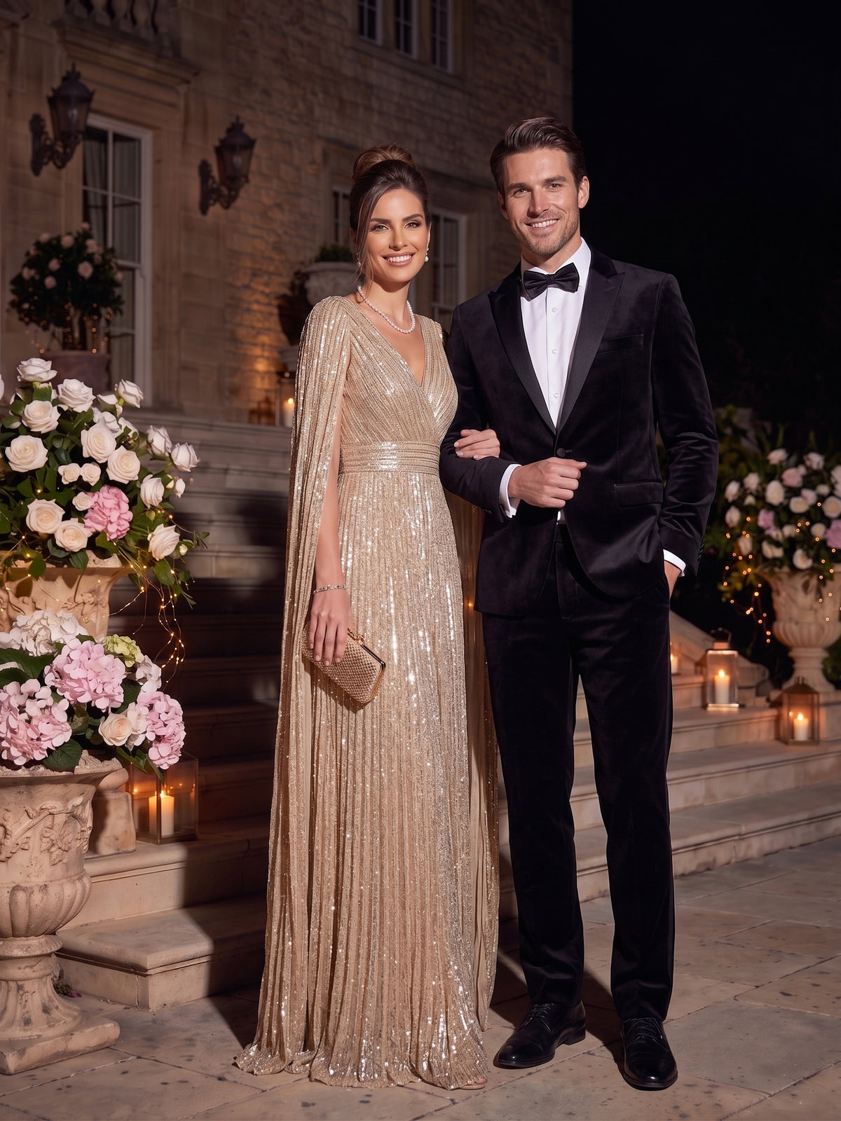 V Neck A Line Sequin Sleeveless Long Evening Dresses with Pleated
