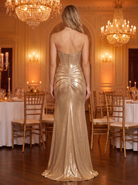Strapless Mermaid Satin Metallic Sleeveless Corset Long Evening Dresses with Slit