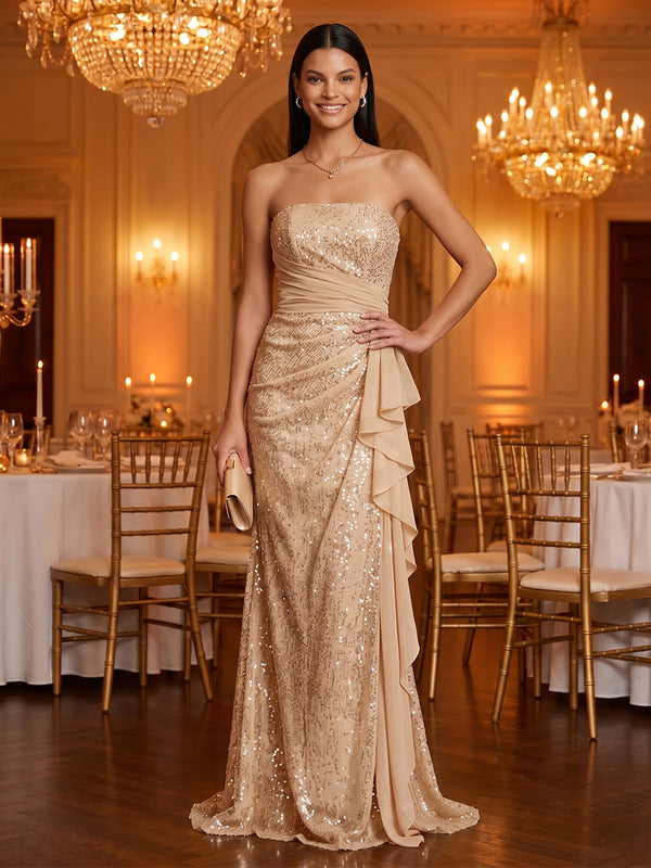 Strapless Sequin Mermaid Sleeveless Floor Length Long Evening Dresses