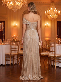 Sequin A Line One Shoulder Sleeveless Long Evening Dresses with Pleated