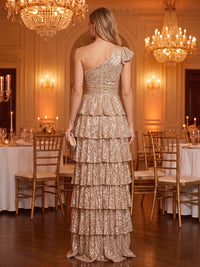 One Shoulder A Line Sequin Sleeveless Tiered Long Evening Dresses with Slit