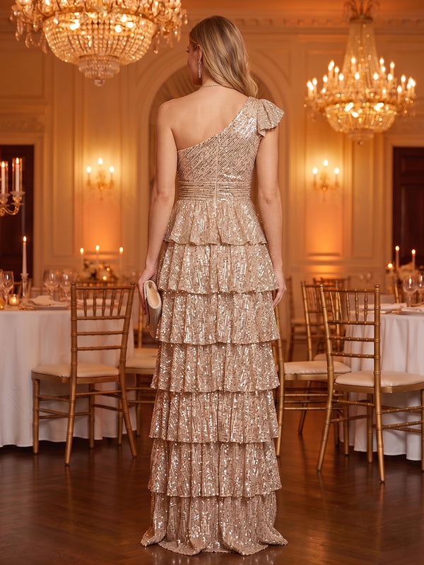 One Shoulder A Line Sequin Sleeveless Tiered Long Evening Dresses with Slit