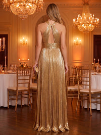 Satin Metallic Halter A Line Sleeveless Floor Length Long Evening Dresses with Slit