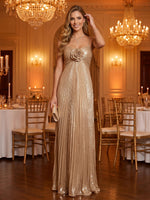 Spaghetti Straps A Line Satin Metallic Sleeveless Long Evening Dresses with Pleated