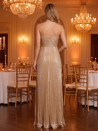 Spaghetti Straps A Line Satin Metallic Sleeveless Long Evening Dresses with Pleated