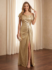 Mermaid Satin Metallic Short Sleeves Long Evening Dresses with Slit