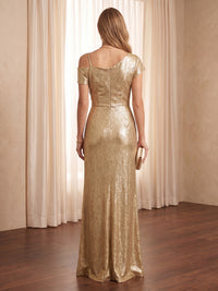 Mermaid Satin Metallic Short Sleeves Long Evening Dresses with Slit