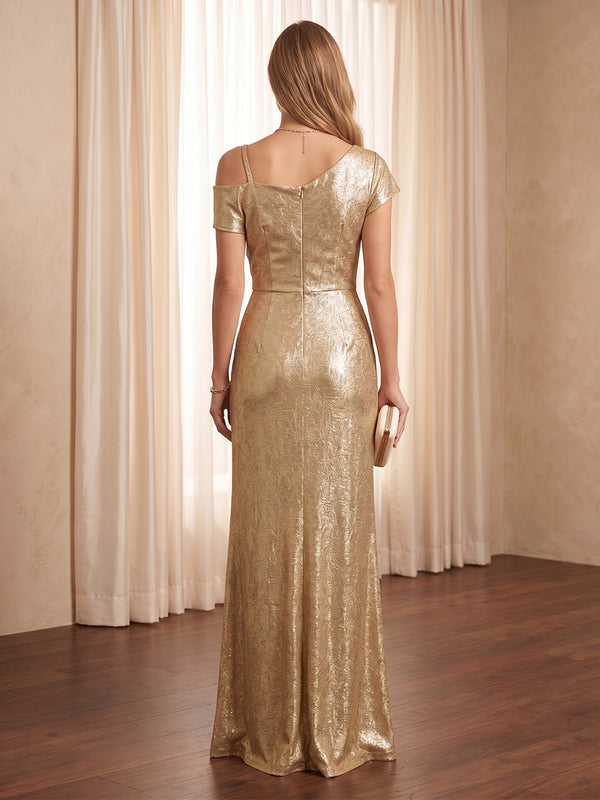 Mermaid Satin Metallic Short Sleeves Long Evening Dresses with Slit