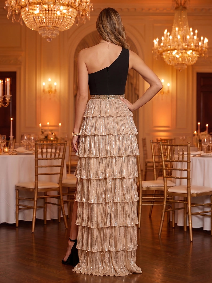 Sequin One Shoulder A Line Sleeveless Tiered Long Evening Dresses with Slit
