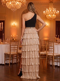 Sequin One Shoulder A Line Sleeveless Tiered Long Evening Dresses with Slit