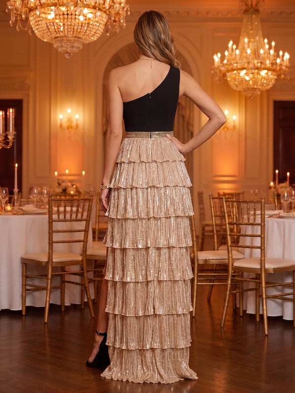 Sequin One Shoulder A Line Sleeveless Tiered Long Evening Dresses with Slit