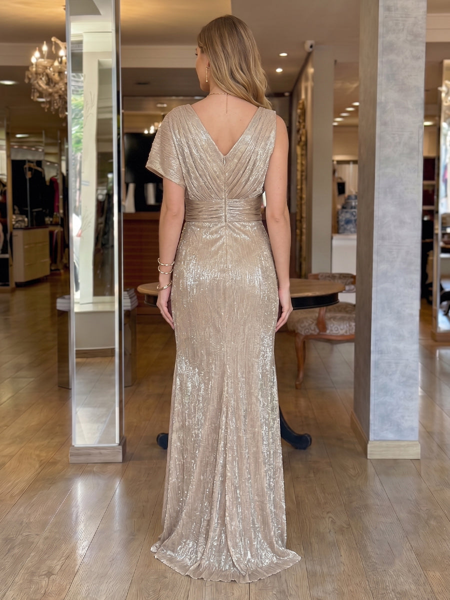 Sequin V Neck Sheath Sleeveless Long Evening Dresses with Slit