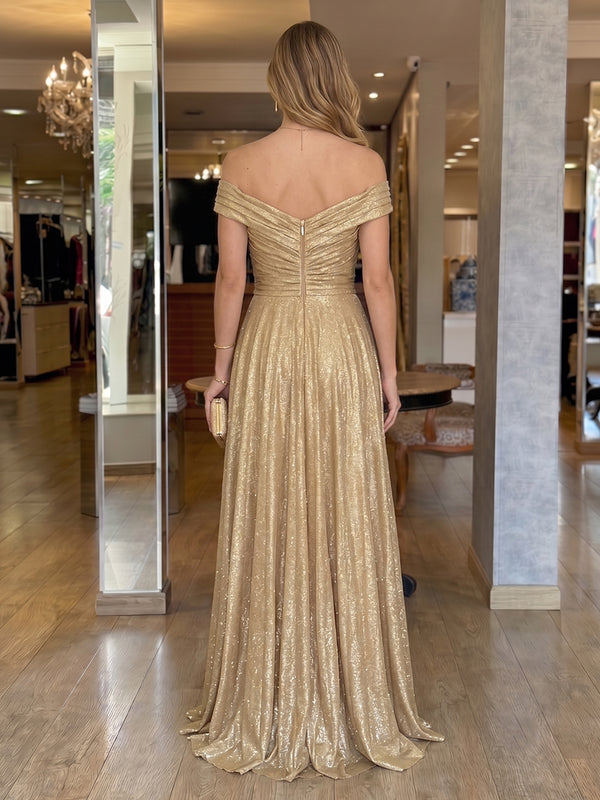 A Line Off the Shoulder Sequin Sleeveless Long Evening Dresses with Slit