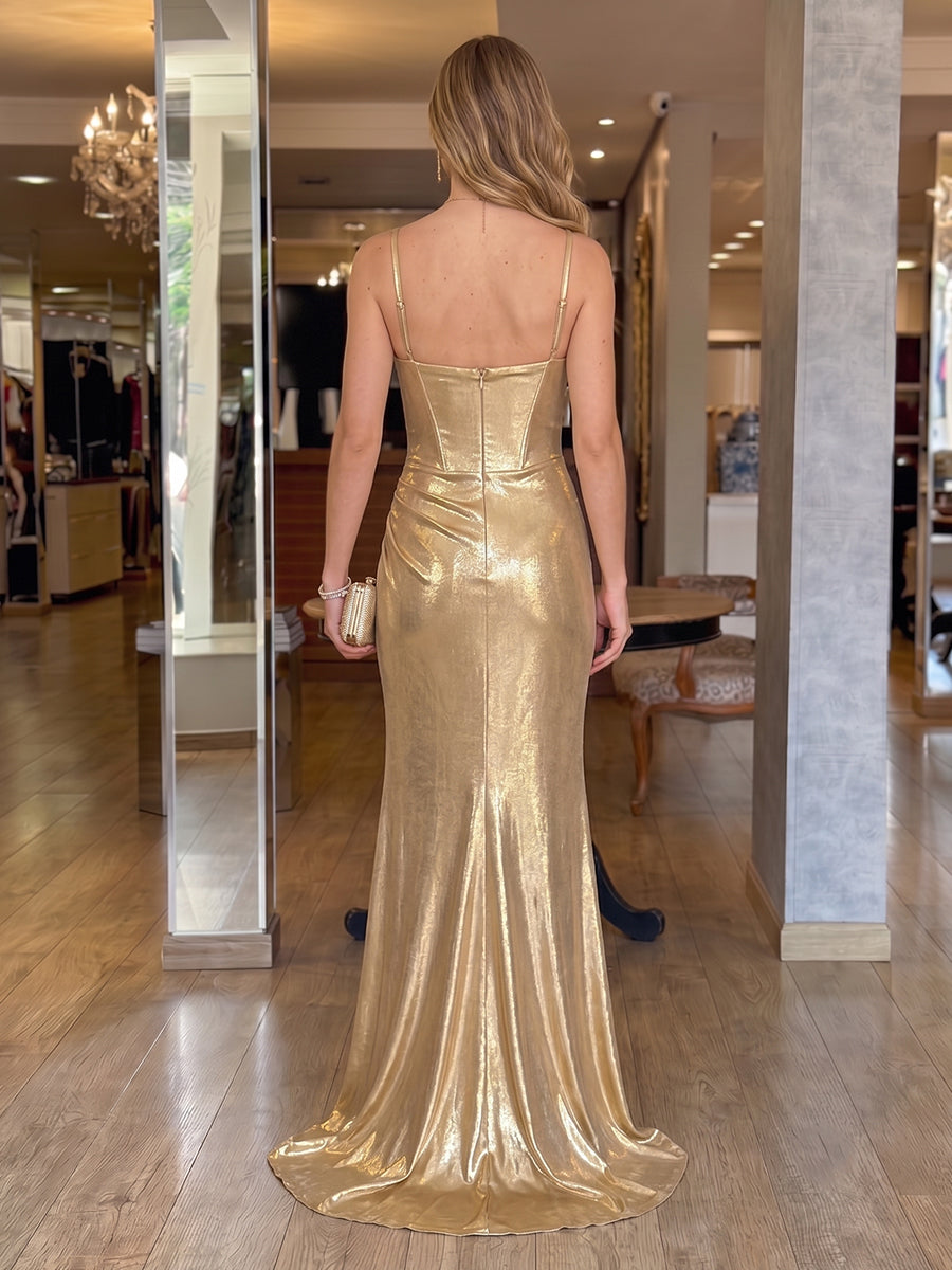 Mermaid Spaghetti Straps Satin Metallic Sleeveless Corset Long Evening Dresses with Slit
