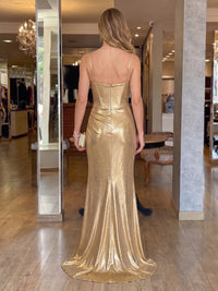 Mermaid Spaghetti Straps Satin Metallic Sleeveless Corset Long Evening Dresses with Slit