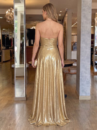 Satin Metallic Strapless A Line Sleeveless Long Evening Dresses with Slit