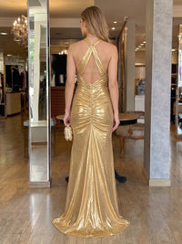 Halter Mermaid Satin Metallic Floor Length Sleeveless Long Evening Dresses