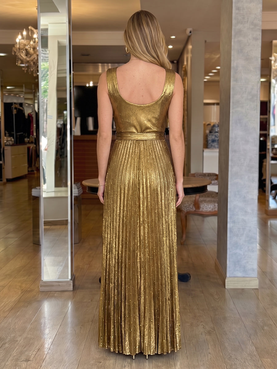 Cowl Neck Metallic Satin Sleeveless Long Evening Dresses with Pleated